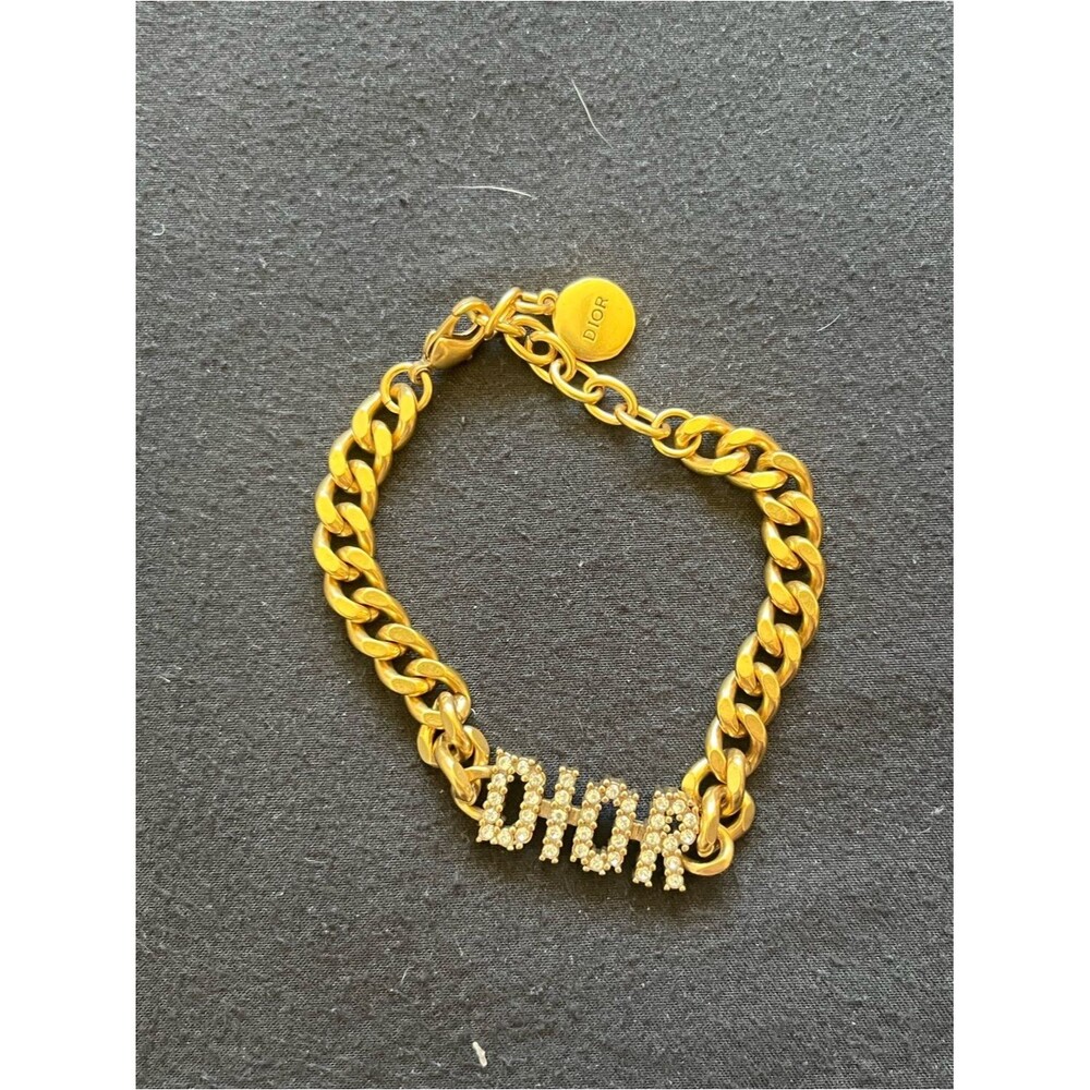 Dior Gold Tone Simulated Diamond Crystal Logo Bracelet Cuban Chain 6.5-8.5” Lux